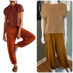 Free People Freya Beach Brown/Yellow Knit Sweater Harem Pants Top Set Medium M